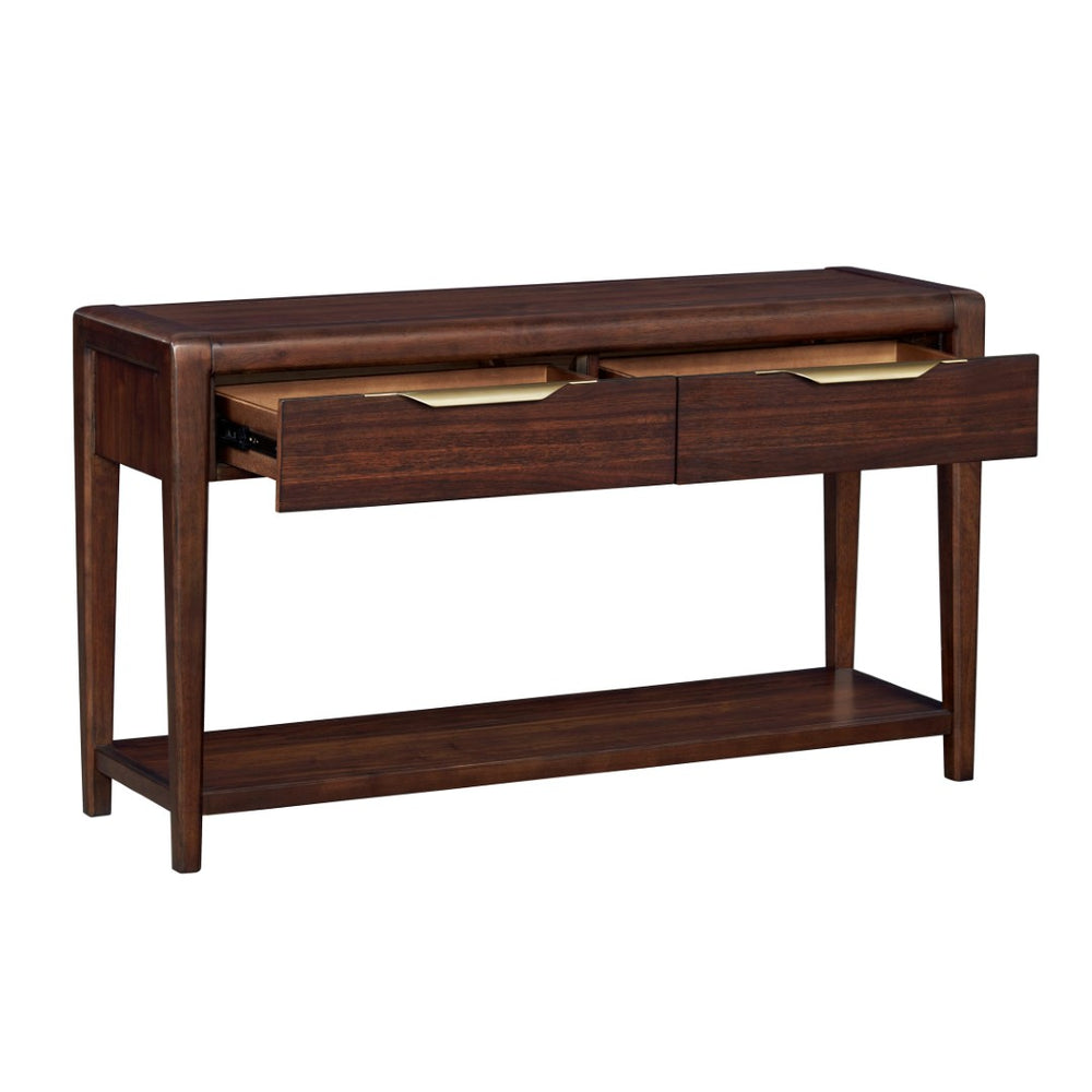 English Elm 1pc Walnut Veneer Sofa Table Brass Pulls Two Drawers Open Shelf Mid-century Entryway B011P532087