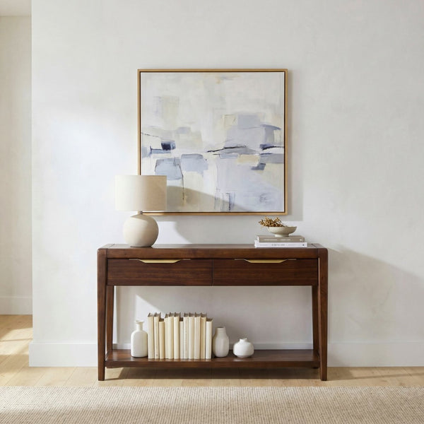 English Elm 1pc Walnut Veneer Sofa Table Brass Pulls Two Drawers Open Shelf Mid-century Entryway B011P532087
