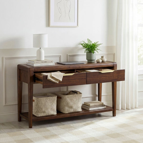 English Elm 1pc Walnut Veneer Sofa Table Brass Pulls Two Drawers Open Shelf Mid-century Entryway B011P532087