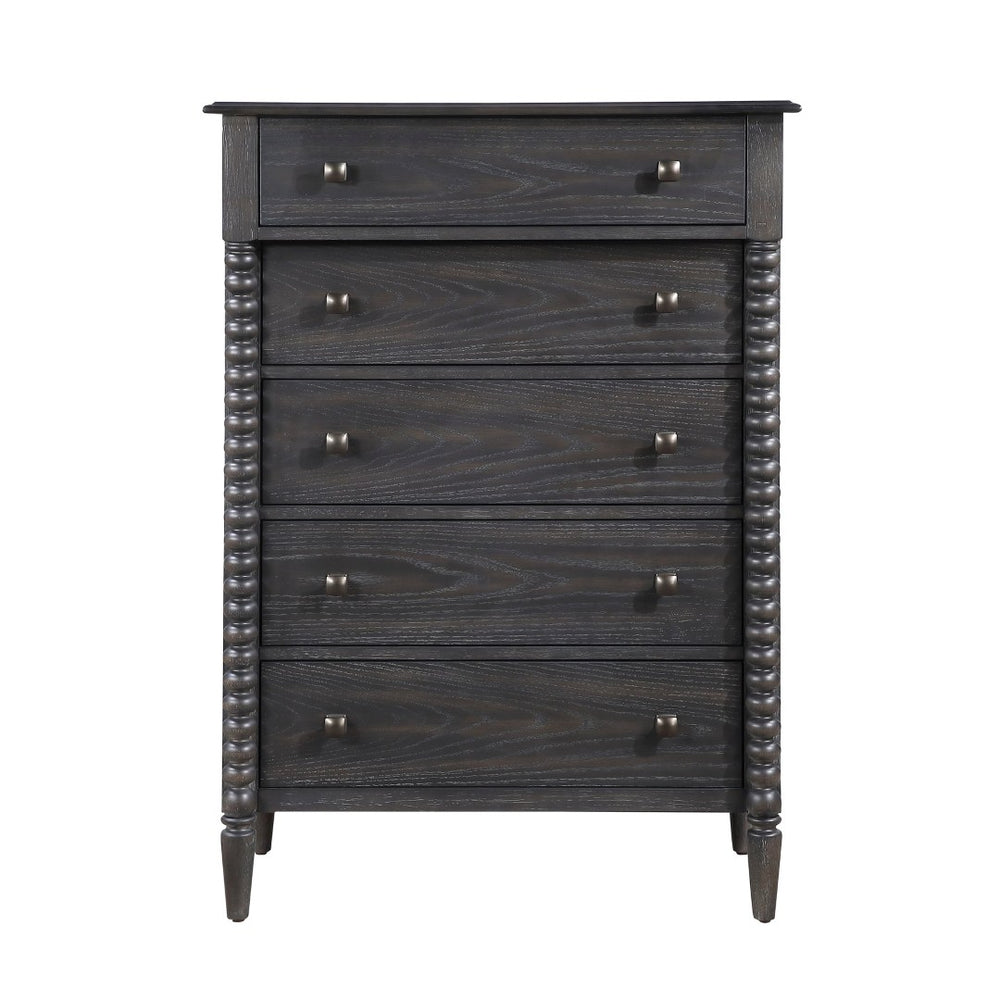 English Elm Espresso Oak Five Drawer Tall Chest with Spindle Pilasters for Classic Bedroom Storage B011P532103