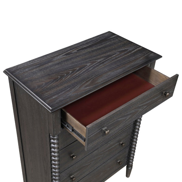 English Elm Espresso Oak Five Drawer Tall Chest with Spindle Pilasters for Classic Bedroom Storage B011P532103