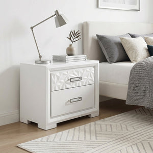 English Elm Contemporary Pearl White Lacquer Nightstand with Diamond Embossed Drawer and Chrome Pulls B011P532105