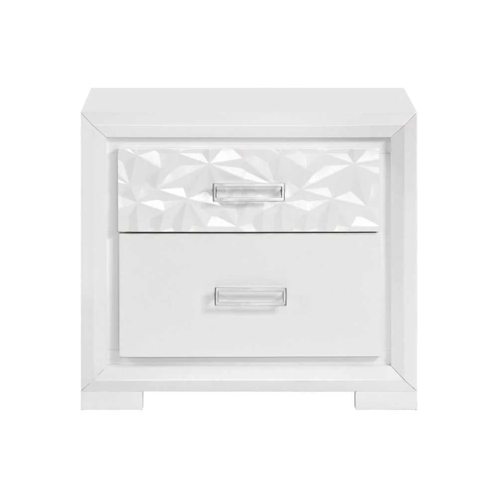 English Elm Contemporary Pearl White Lacquer Nightstand with Diamond Embossed Drawer and Chrome Pulls B011P532105
