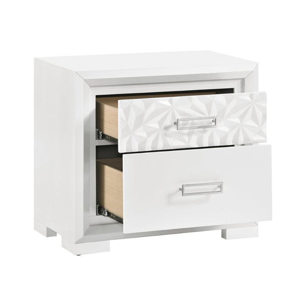 English Elm Contemporary Pearl White Lacquer Nightstand with Diamond Embossed Drawer and Chrome Pulls B011P532105