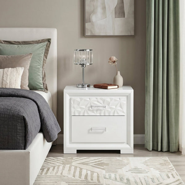 English Elm Contemporary Pearl White Lacquer Nightstand with Diamond Embossed Drawer and Chrome Pulls B011P532105