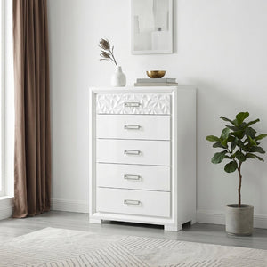 English Elm Contemporary Pearl White Highboy Chest with Glam Diamond Drawer and Chrome Pulls B011P532109