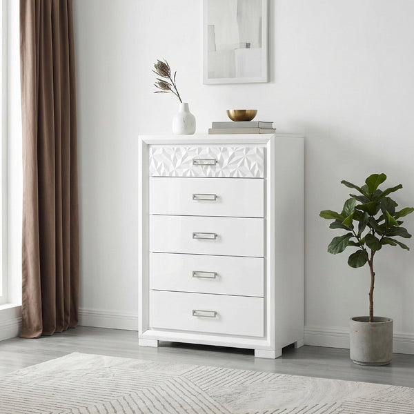 English Elm Contemporary Pearl White Highboy Chest with Glam Diamond Drawer and Chrome Pulls B011P532109