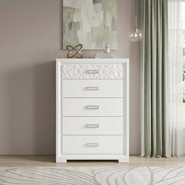 English Elm Contemporary Pearl White Highboy Chest with Glam Diamond Drawer and Chrome Pulls B011P532109