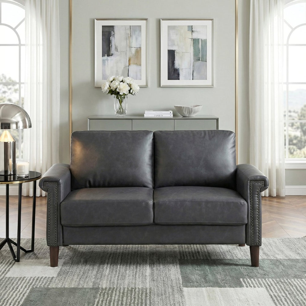 English Elm 1Pc Faux Leather Loveseat Pocket Coil Seating Nailhead Trim Transitional Apartment Sofa B011P532960