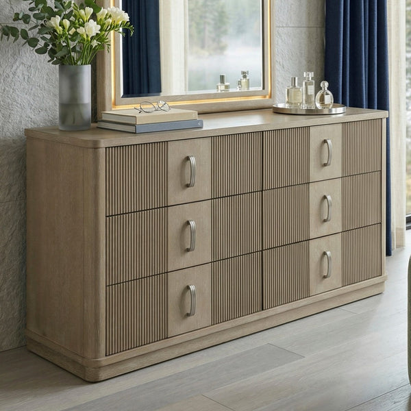 English Elm Modern Six Drawer Oak Dresser with Fluted Fronts and Warm Brown Finish for Bedroom B011P535608