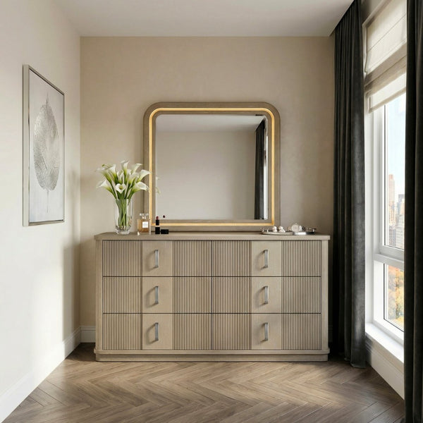 English Elm Modern Six Drawer Oak Dresser with Fluted Fronts and Warm Brown Finish for Bedroom B011P535608