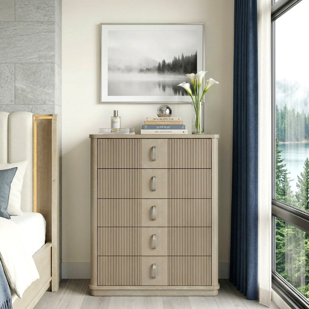 English Elm Modern Fluted Oak Veneer Tall Five Drawer Chest with Graphite Pulls for Bedroom Storage B011P535609