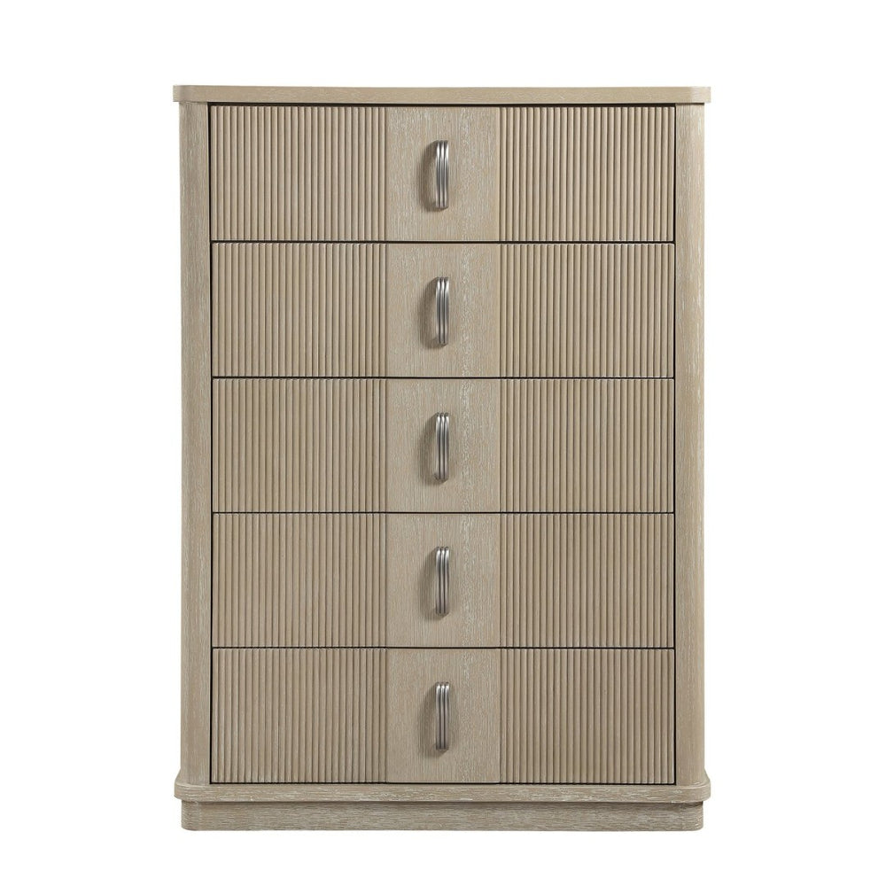 English Elm Modern Fluted Oak Veneer Tall Five Drawer Chest with Graphite Pulls for Bedroom Storage B011P535609