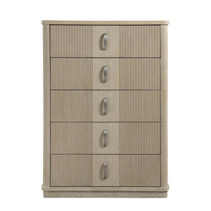 English Elm Modern Fluted Oak Veneer Tall Five Drawer Chest with Graphite Pulls for Bedroom Storage B011P535609