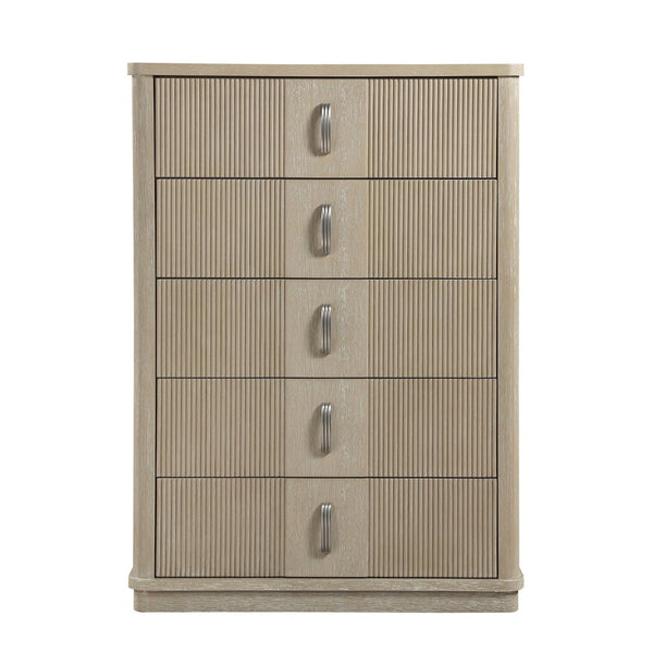 English Elm Modern Fluted Oak Veneer Tall Five Drawer Chest with Graphite Pulls for Bedroom Storage B011P535609