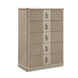 English Elm Modern Fluted Oak Veneer Tall Five Drawer Chest with Graphite Pulls for Bedroom Storage B011P535609
