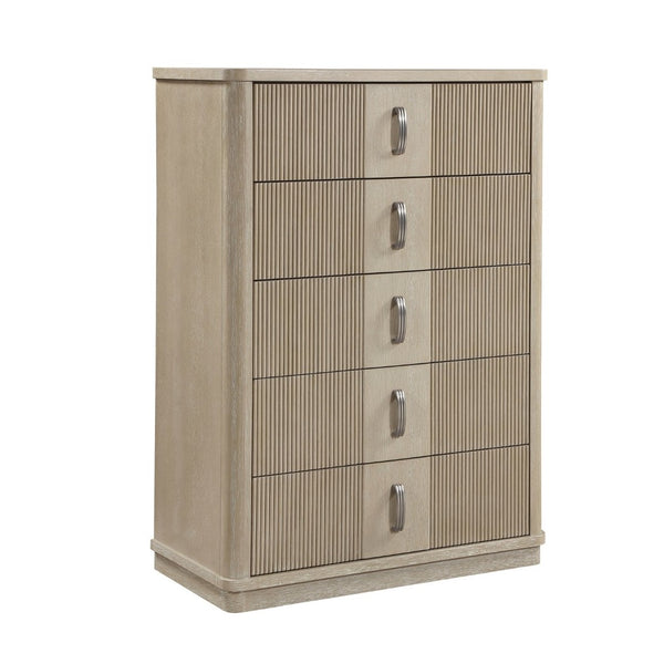 English Elm Modern Fluted Oak Veneer Tall Five Drawer Chest with Graphite Pulls for Bedroom Storage B011P535609