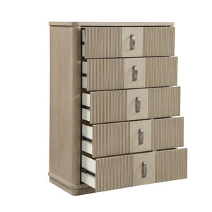 English Elm Modern Fluted Oak Veneer Tall Five Drawer Chest with Graphite Pulls for Bedroom Storage B011P535609