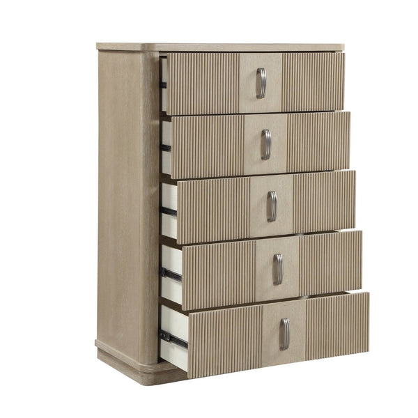 English Elm Modern Fluted Oak Veneer Tall Five Drawer Chest with Graphite Pulls for Bedroom Storage B011P535609