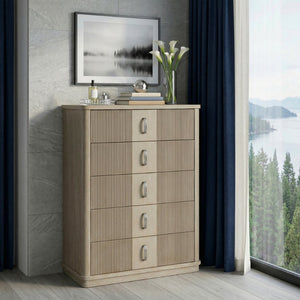 English Elm Modern Fluted Oak Veneer Tall Five Drawer Chest with Graphite Pulls for Bedroom Storage B011P535609