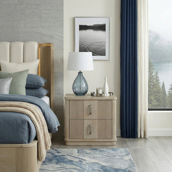 English Elm Modern Fluted Oak Veneer Two Drawer Nightstand with Brushed Graphite Pulls Bedside B011P535610