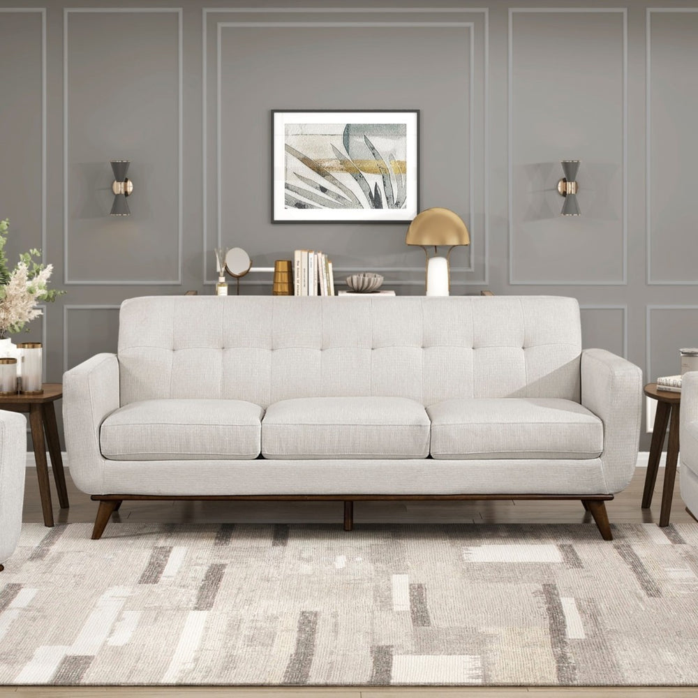 English Elm Contemporary Tufted Beige Fabric Three-seat Sofa with Solid Wood Legs for Living Rooms B011P536331