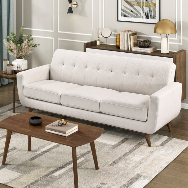 English Elm Contemporary Tufted Beige Fabric Three-seat Sofa with Solid Wood Legs for Living Rooms B011P536331