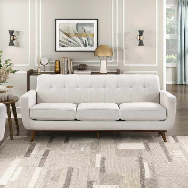 English Elm Contemporary Tufted Beige Fabric Three-seat Sofa with Solid Wood Legs for Living Rooms B011P536331