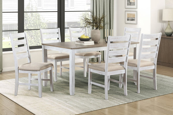 English Elm Rustic Transitional Oak Pedestal Dining Set Seats Six with Beige Upholstered Chairs B011P536573