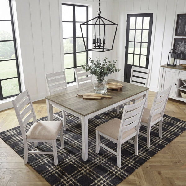 English Elm Rustic Transitional Oak Pedestal Dining Set Seats Six with Beige Upholstered Chairs B011P536573