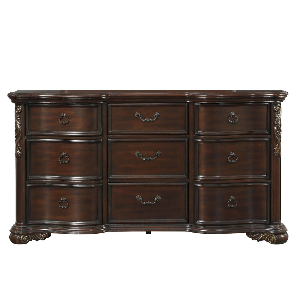 English Elm Royal Highlands 9 Drawer Dark Cherry Dresser with Carved Scrollwork and Bronze Ring Pulls B011P537267