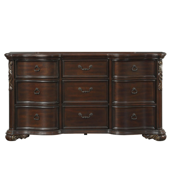 English Elm Royal Highlands 9 Drawer Dark Cherry Dresser with Carved Scrollwork and Bronze Ring Pulls B011P537267