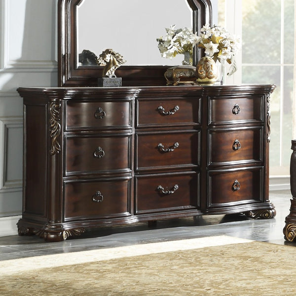 English Elm Royal Highlands 9 Drawer Dark Cherry Dresser with Carved Scrollwork and Bronze Ring Pulls B011P537267