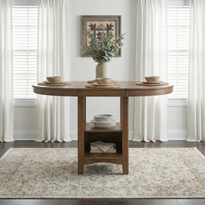English Elm Brown Oak Veneer Counter Height Pedestal Dining Table with Extension Leaf Storage Base B011P538924