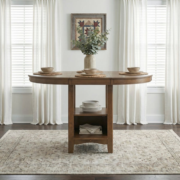 English Elm Brown Oak Veneer Counter Height Pedestal Dining Table with Extension Leaf Storage Base B011P538924