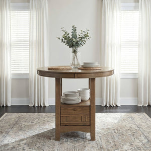 English Elm Brown Oak Veneer Counter Height Pedestal Dining Table with Extension Leaf Storage Base B011P538924
