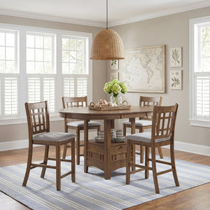 English Elm Brown Oak Veneer Counter Height Pedestal Dining Table with Extension Leaf Storage Base B011P538924