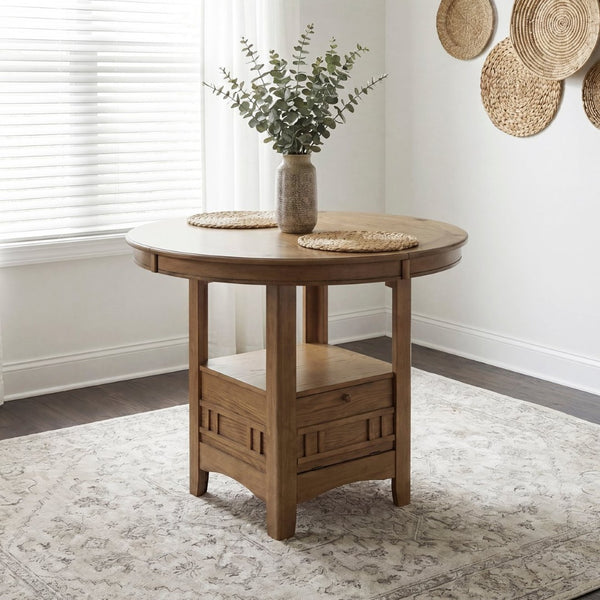English Elm Brown Oak Veneer Counter Height Pedestal Dining Table with Extension Leaf Storage Base B011P538924