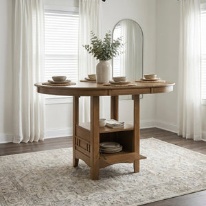 English Elm Brown Oak Veneer Counter Height Pedestal Dining Table with Extension Leaf Storage Base B011P538924