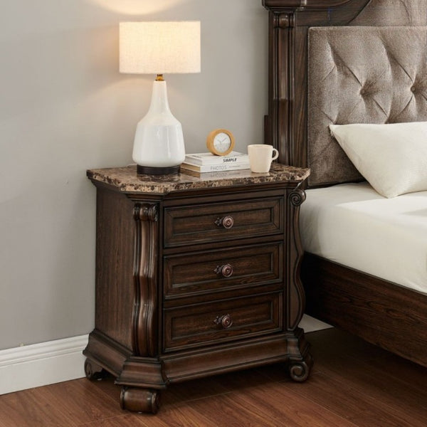 English Elm Dark Cherry Hardwood Nightstand with Faux Marble Top and Hand Carved Crown Molding B011P543481