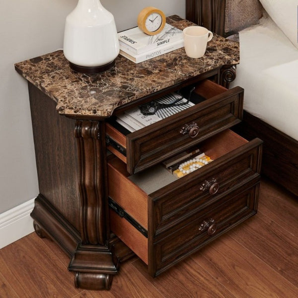 English Elm Dark Cherry Hardwood Nightstand with Faux Marble Top and Hand Carved Crown Molding B011P543481