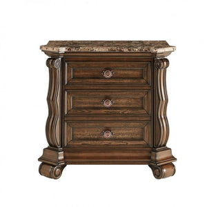 English Elm Dark Cherry Hardwood Nightstand with Faux Marble Top and Hand Carved Crown Molding B011P543481