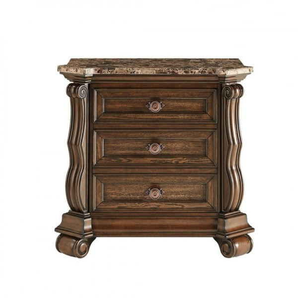 English Elm Dark Cherry Hardwood Nightstand with Faux Marble Top and Hand Carved Crown Molding B011P543481