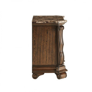 English Elm Dark Cherry Hardwood Nightstand with Faux Marble Top and Hand Carved Crown Molding B011P543481