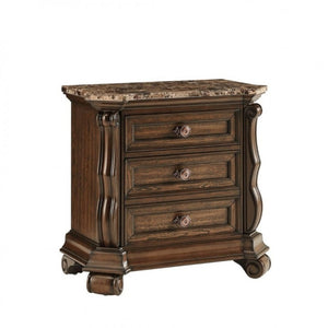 English Elm Dark Cherry Hardwood Nightstand with Faux Marble Top and Hand Carved Crown Molding B011P543481