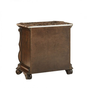 English Elm Dark Cherry Hardwood Nightstand with Faux Marble Top and Hand Carved Crown Molding B011P543481