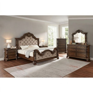 English Elm Dark Cherry Hardwood Nightstand with Faux Marble Top and Hand Carved Crown Molding B011P543481