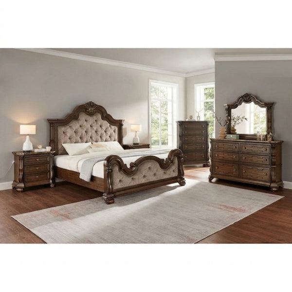 English Elm Dark Cherry Hardwood Nightstand with Faux Marble Top and Hand Carved Crown Molding B011P543481