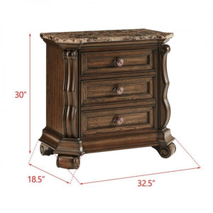 English Elm Dark Cherry Hardwood Nightstand with Faux Marble Top and Hand Carved Crown Molding B011P543481