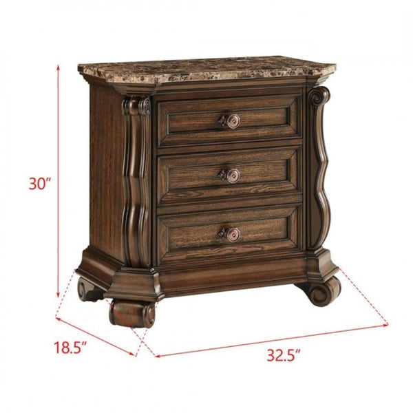 English Elm Dark Cherry Hardwood Nightstand with Faux Marble Top and Hand Carved Crown Molding B011P543481